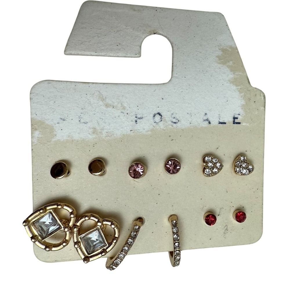 Aeropostale Gold Tone Earring Set Studs Hoops Rhinestone Fashion Jewelry New